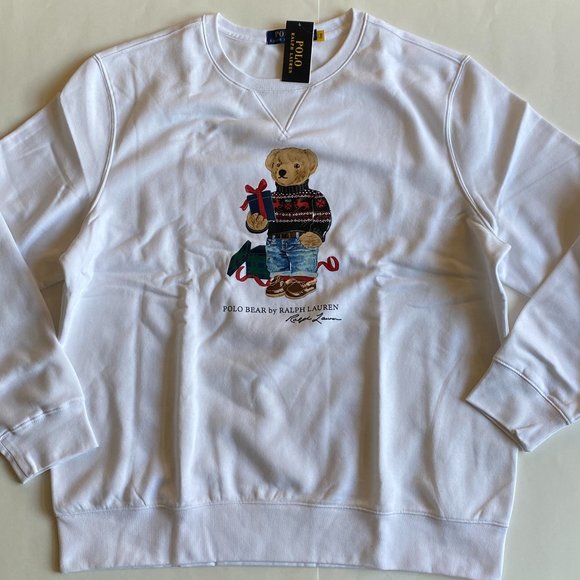 Polo Ralph Lauren Holiday Bear Logo Fleece Crewneck Pullover Sweatshirt White